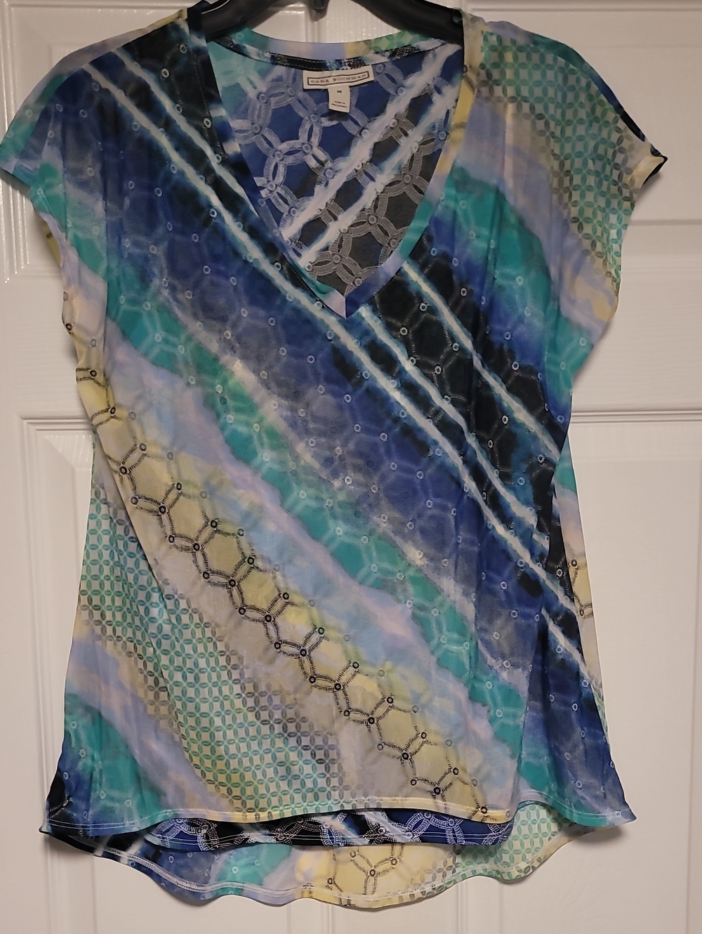 Chico's Multicolor Diagonal Pattern V-Neck Blouse - Blue Teal Yellow